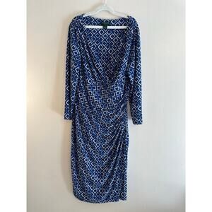 Ralph Lauren Timeless Cobalt Ikat Faux Wrap Jersey Stretch 3/4 Sleeve Dress 10